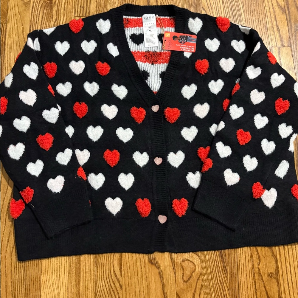 Serra Black Cardigan with Red and White Heart Patterns